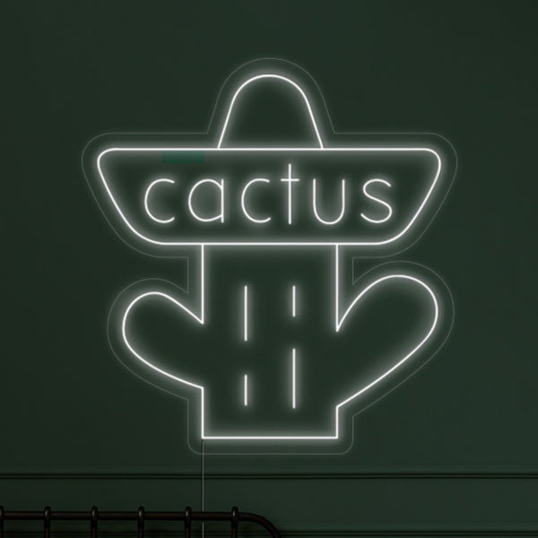 LED neonový nápis 'Cactus' - světelná LED dekorace s kaktusem na zeď - bílá