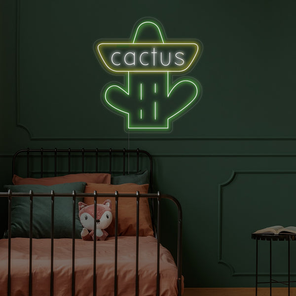 LED neonový nápis 'Cactus' - světelná LED dekorace s kaktusem na zeď pokoje - zelená