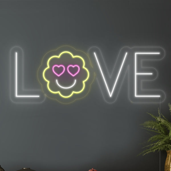 LED neon nápis 'Love emoji' na zeď - neon světlo bílo-žluto-růžové 