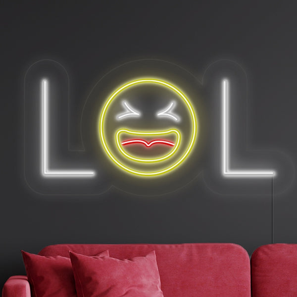 LED neon nápis 'LOL emoji' na zeď - neon světlo bílo-žluto-červené na zeď obývacího pokoje