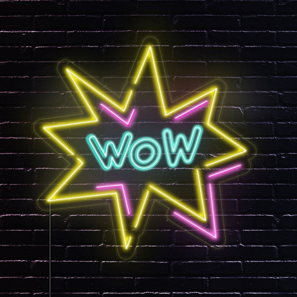 LED neon nápis 'WOW' - světelná cedule na zeď