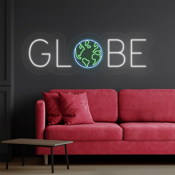 LED neon nápis Globe world na zeď -neon světlo bílé do obývacího pokoje