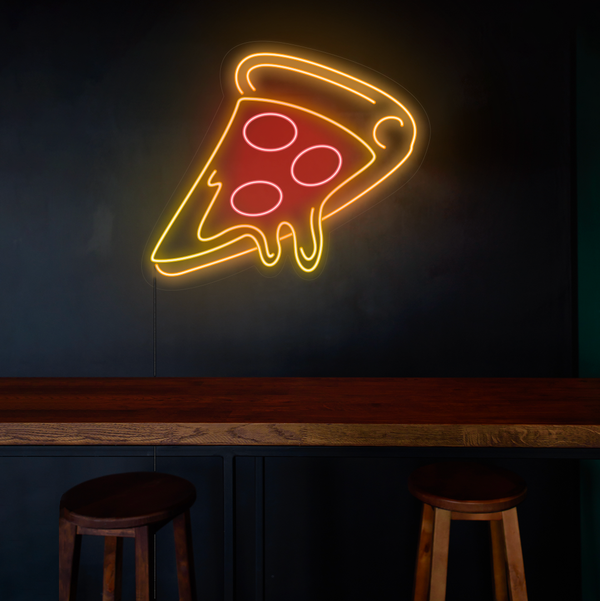 LED Neon cedule 'Pizza k nakousnutí' na zdi pizzerie - Oživte svoji provozovnu originálním neonem