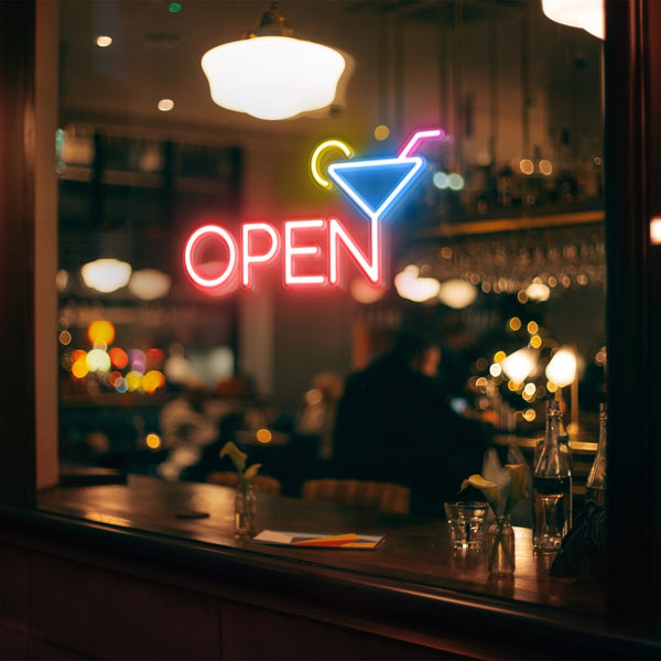 LED Neon Bar drink 'Open' - světelný nápis do okna baru červený a modrý