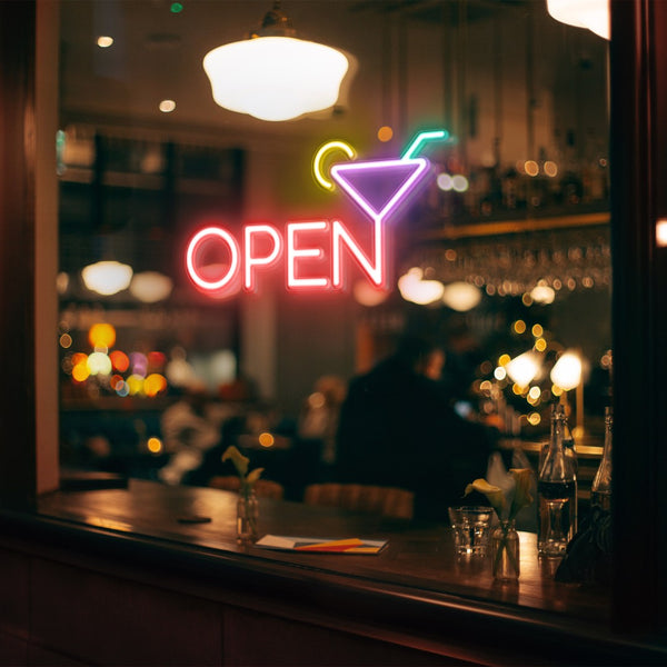 LED Neon Bar drink 'Open' - světelný nápis do okna baru červený