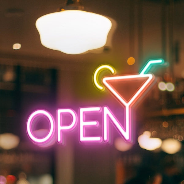 LED Neon Bar drink 'Open' - světelný nápis do okna baru