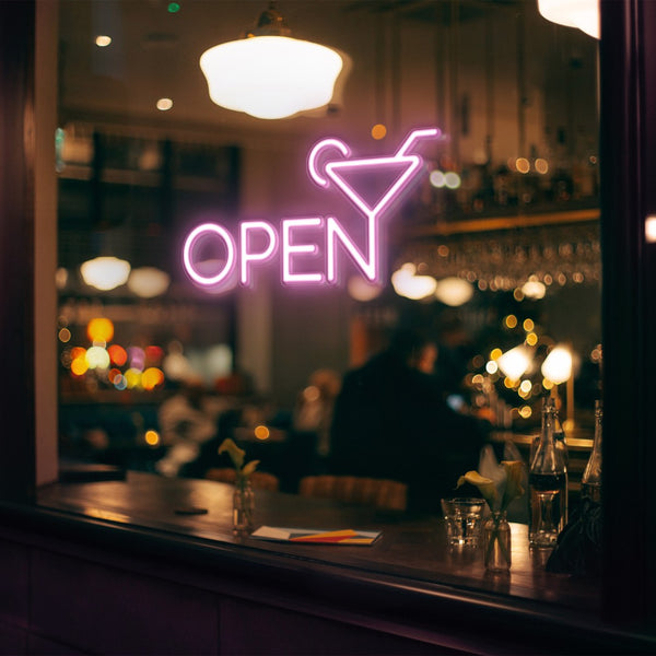 LED Neon Bar drink 'Open' - světelný nápis do okna baru růžový