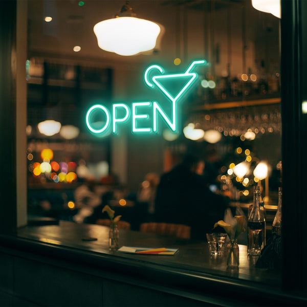 LED Neon Bar drink 'Open' - světelný nápis do okna baru zelený