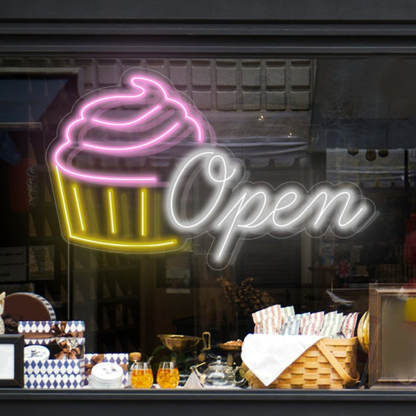 LED NEON - Cukrárna 'Open cupcake' - Svítící  reklama do okna nebo výlohy cukrárny nebo kavárny