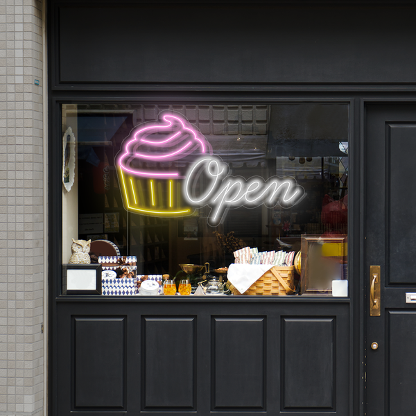 LED NEON - Cukrárna 'Open cupcake' - Světelná cedule do okna nebo výlohy cukrárny nebo kavárny 