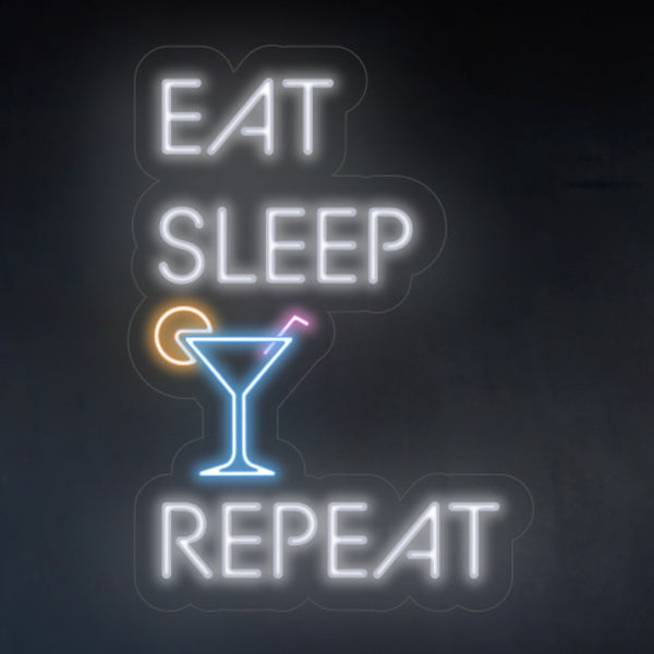 LED Neon nápis 'Eat sleep drink repeat' v baru - Ideální pro milovníky koktejlů a drinků