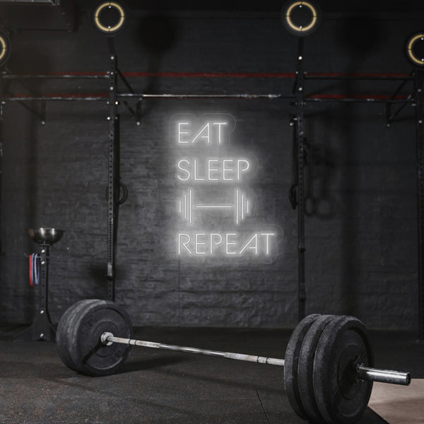 LED Neon nápis 'Eat Sleep Gym Repeat' ve fitku - Pro fitness nadšence