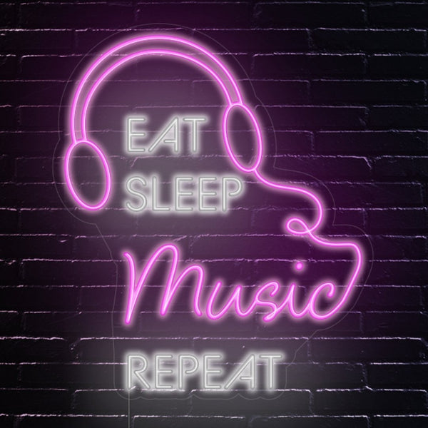 LED Neon 'Eat Sleep Music Repeat' na zdi pokoje- Sluchátka pro hudební fanoušky