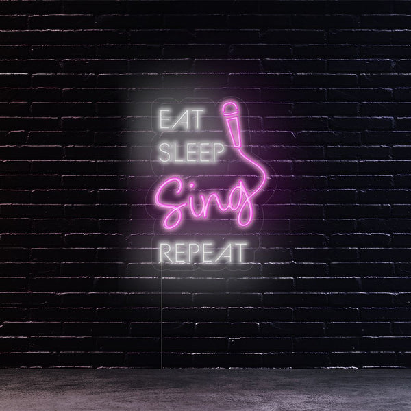 LED neon nápis - 'Eat sleep sing repeat' mikrofon -  Světelná reklama na zeď hudebního klubu nebo karaoke baru