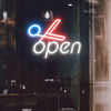 LED Neon cedule - Nůžky 'Open' - Bílo-modro-červená světelná reklama do okna pro barber shopy nebo kadeřnictví