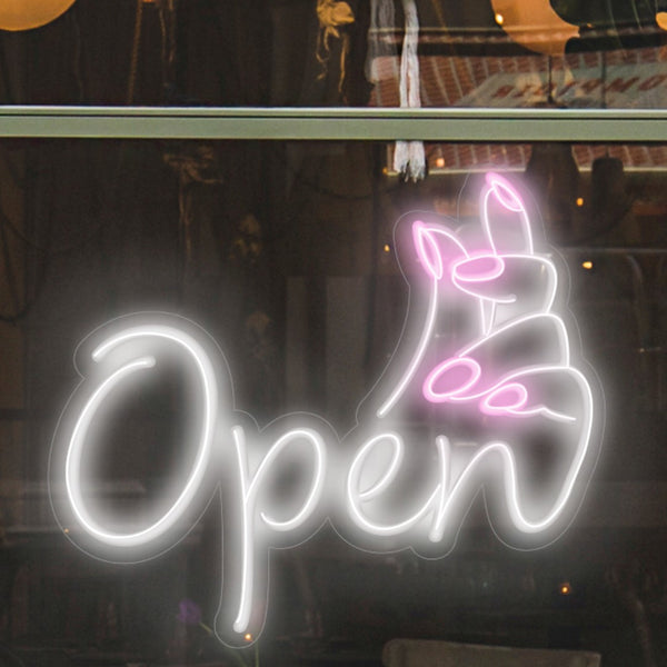 LED Neon salon krásy 'Open nails' - Otevřeno - světelná reklama do výlohy nebo okna 